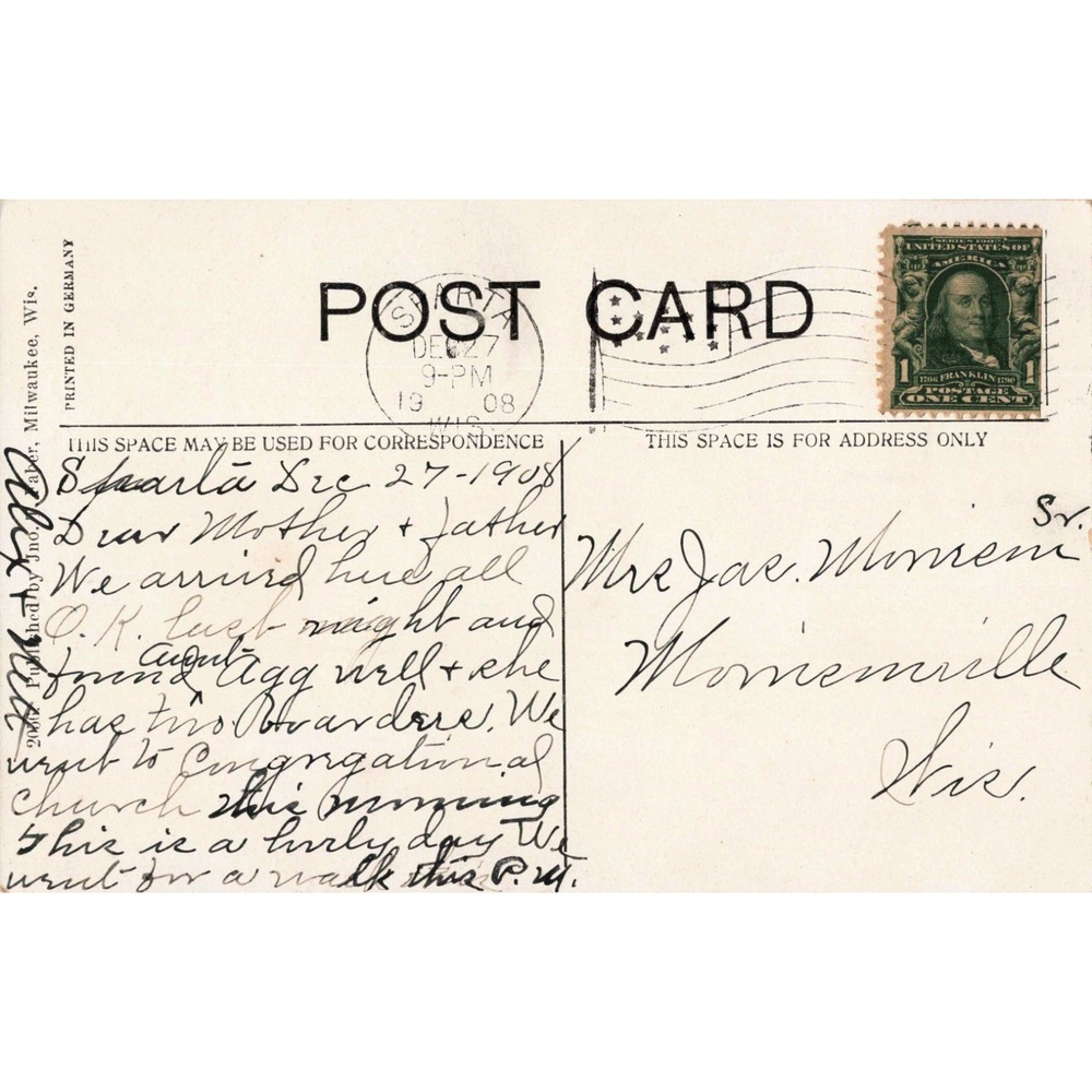 Vintage Postcard Tar Falls Sparta Wisconsin 1908 Postmark Divided Back - Picture 2 of 2